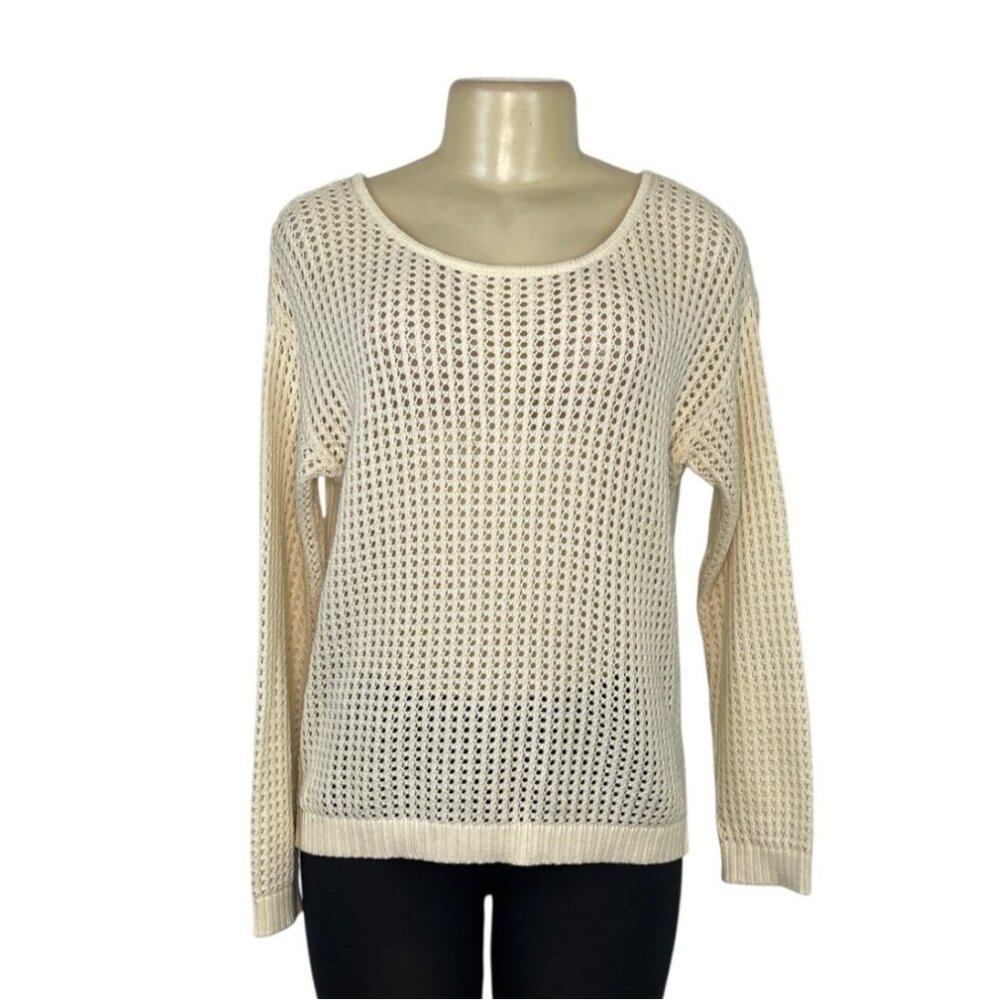 Jeanne Pierre Cream Open Knit Cotton Sweater With Back Zipper Detailing Sz S
